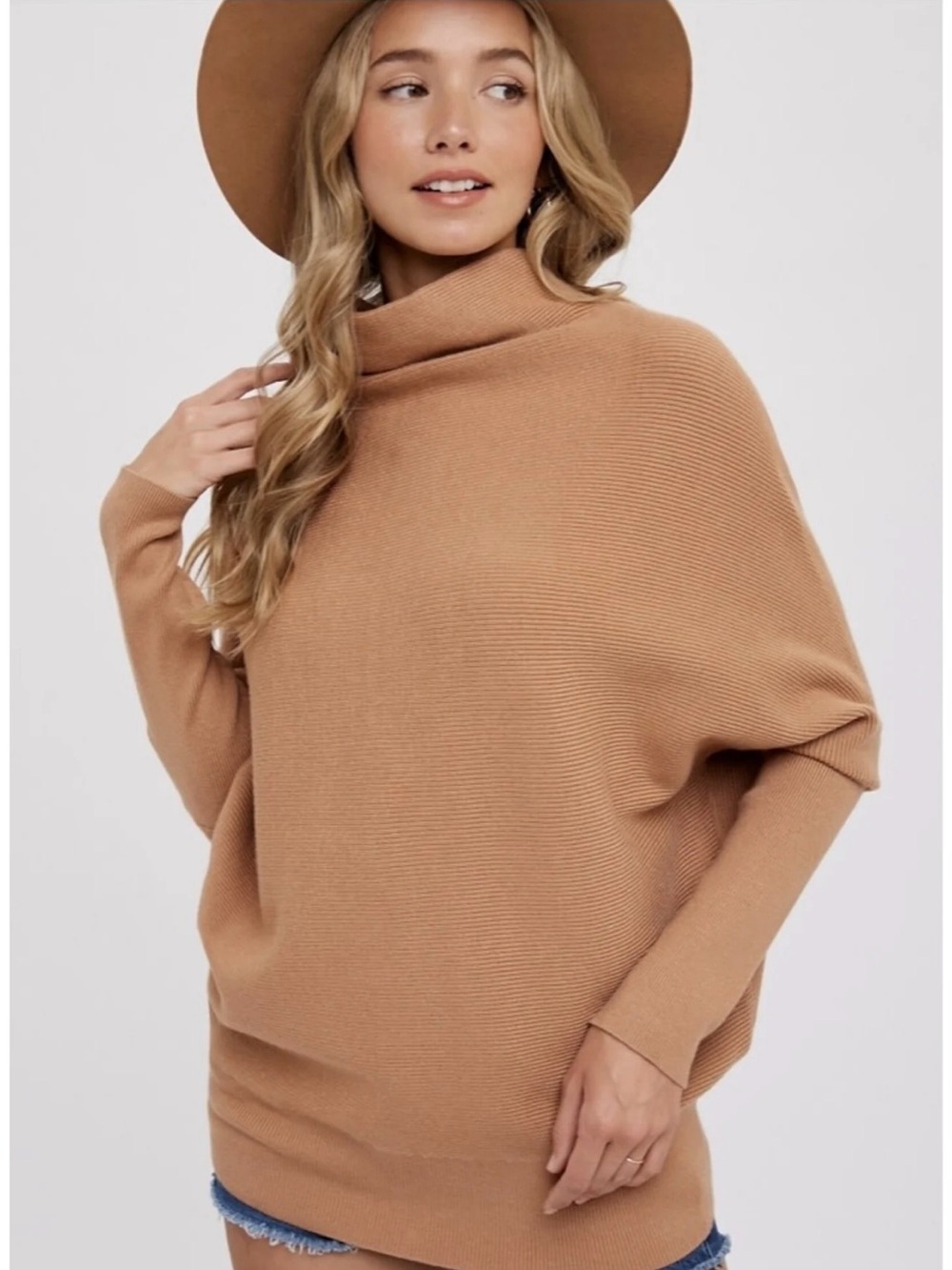 Women's Camel Slouch Neck Dolman Pullover Sweater